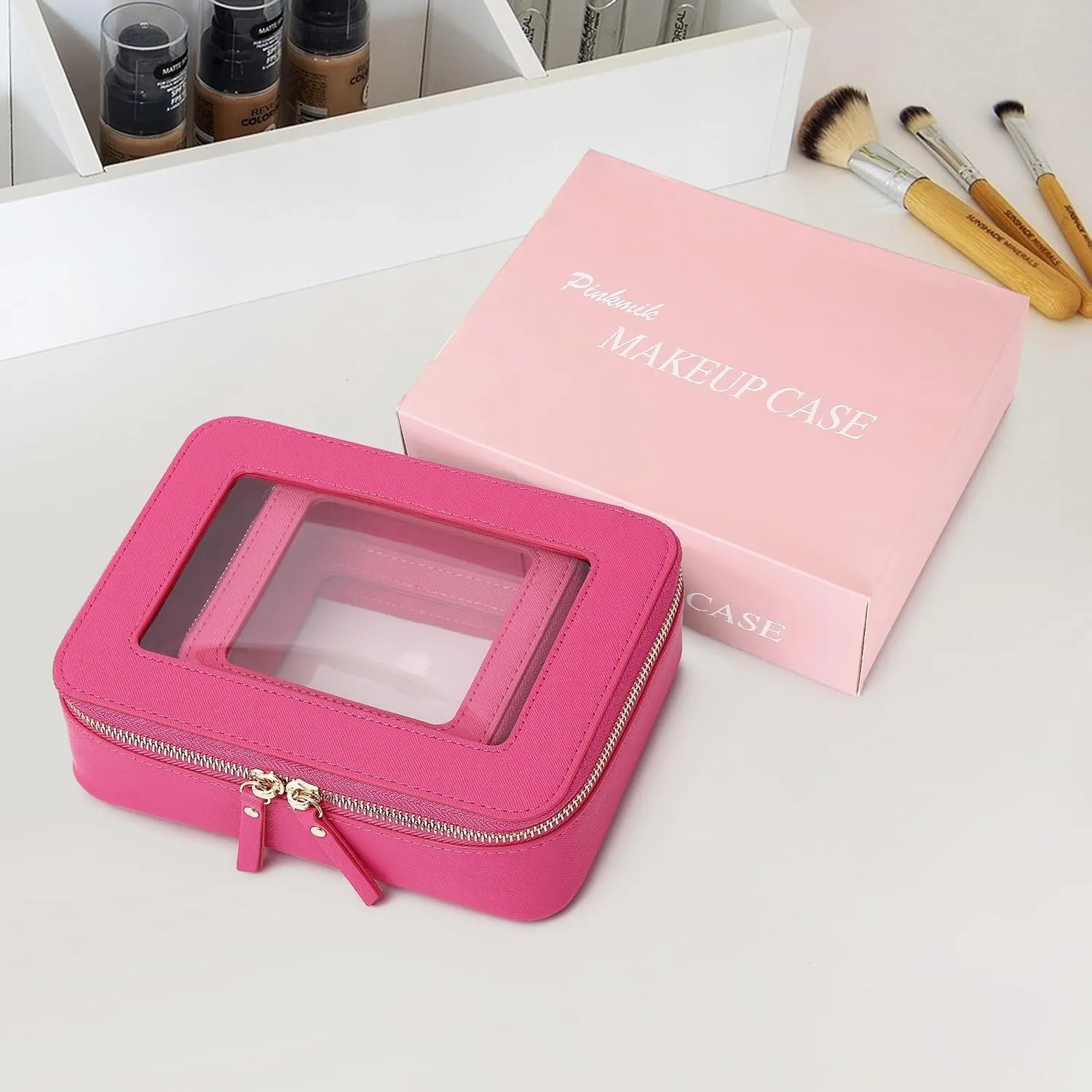 Clear Makeup Bag Waterproof Travel Case for Cosmetics and Toiletries Women's Purse Organizer and Clear Car Bag with Zipper (X/Fuxia, M MINI)