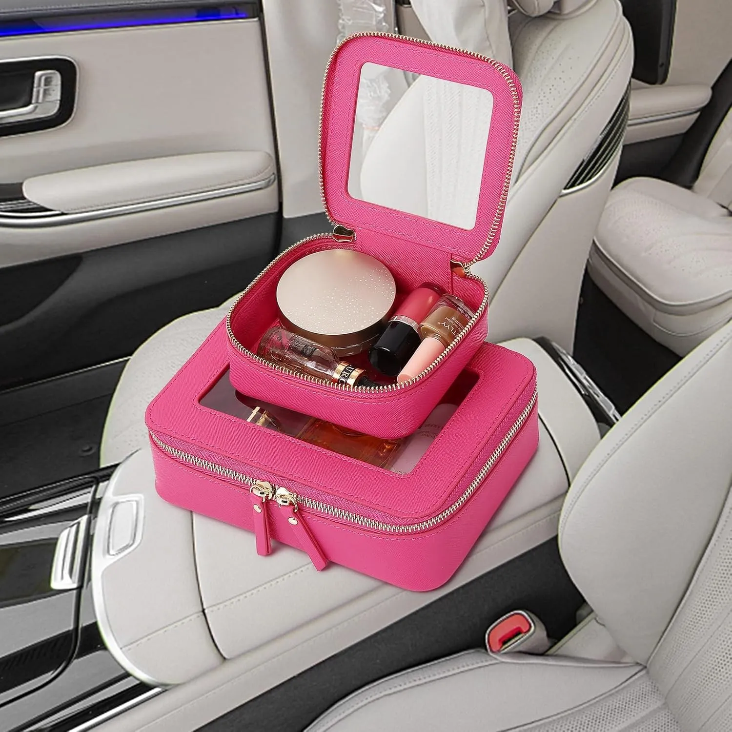 Clear Makeup Bag Waterproof Travel Case for Cosmetics and Toiletries Women's Purse Organizer and Clear Car Bag with Zipper (X/Fuxia, M MINI)