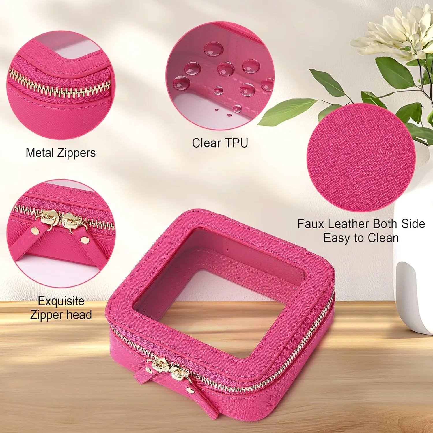 Clear Makeup Bag Waterproof Travel Case for Cosmetics and Toiletries Women's Purse Organizer and Clear Car Bag with Zipper (X/Fuxia, M MINI)