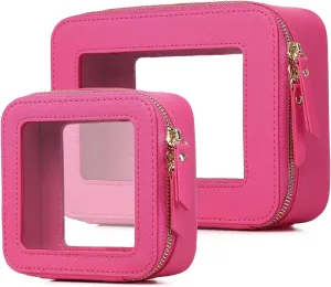 Clear Makeup Bag Waterproof Travel Case for Cosmetics and Toiletries Women's Purse Organizer and Clear Car Bag with Zipper (X/Fuxia, M MINI)
