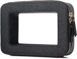 Clear Makeup Bag Women's Waterproof Travel Cosmetic Case and Toiletry Bag Portable Makeup Organizer Bag Car Essential with Zipper (Black, M)