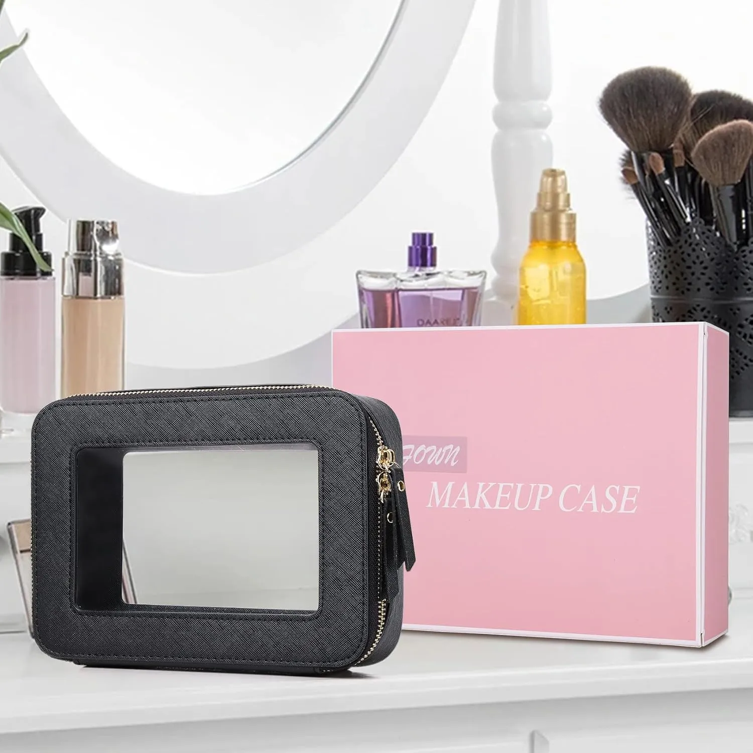 Clear Makeup Bag Women's Waterproof Travel Cosmetic Case and Toiletry Bag Portable Makeup Organizer Bag Car Essential with Zipper (Black, M)