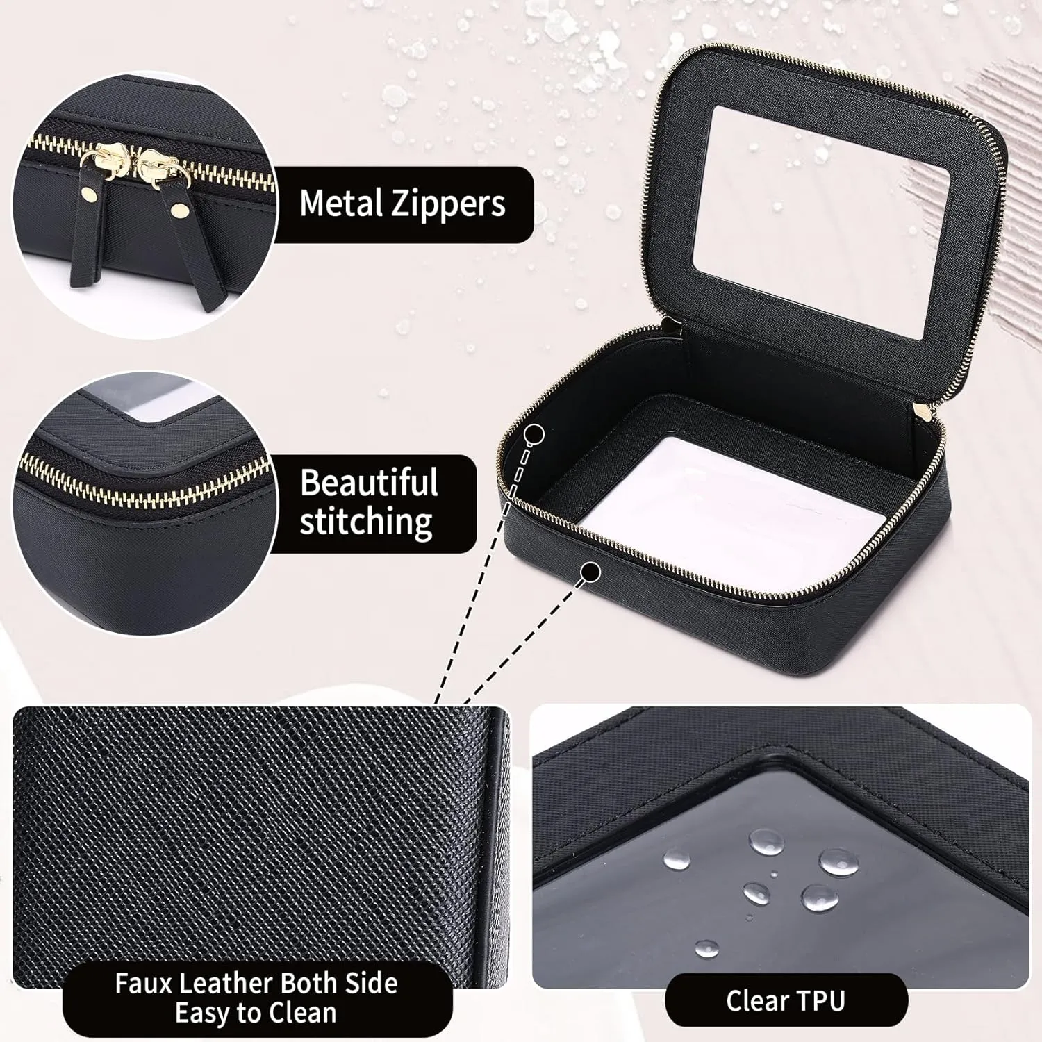 Clear Makeup Bag Women's Waterproof Travel Cosmetic Case and Toiletry Bag Portable Makeup Organizer Bag Car Essential with Zipper (Black, M)
