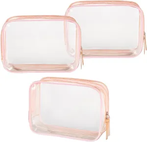 Clear Plastic Pink Zippered Toiletry Carry Pouch TSA Approved Toiletry Bag Portable Cosmetic Makeup Bag for Vacation, Bathroom and Organizing (Pink 3Pcs, Small)