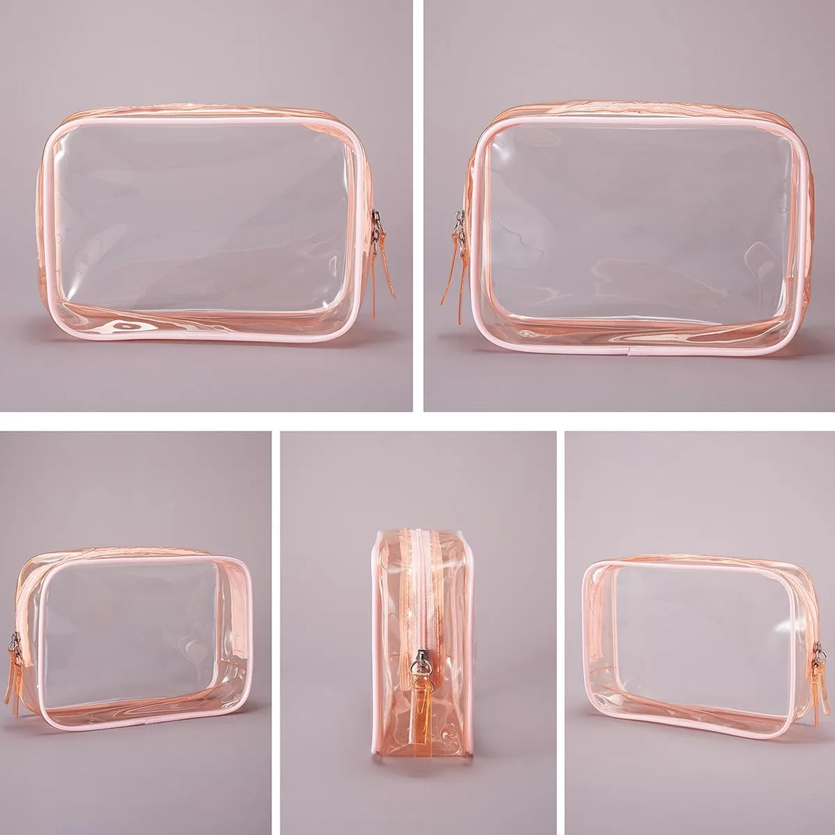 Clear Plastic Pink Zippered Toiletry Carry Pouch TSA Approved Toiletry Bag Portable Cosmetic Makeup Bag for Vacation, Bathroom and Organizing (Pink 3Pcs, Small)