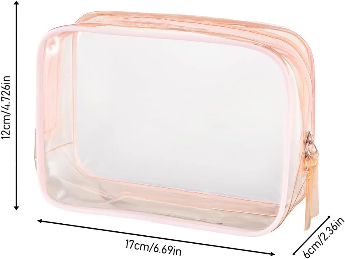 Clear Plastic Pink Zippered Toiletry Carry Pouch TSA Approved Toiletry Bag Portable Cosmetic Makeup Bag for Vacation, Bathroom and Organizing (Pink 3Pcs, Small)