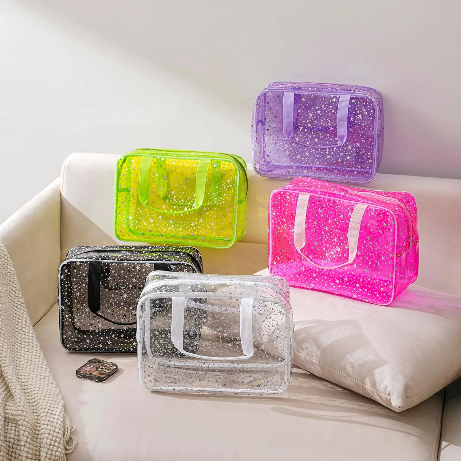 Clear PVC Star Large Cosmetic Bag, Transparent Large Zippered Opening Makeup Bag, Portable Waterproof Travel Bag with Handle, Gym, Swimming and Beach Bag (03White)