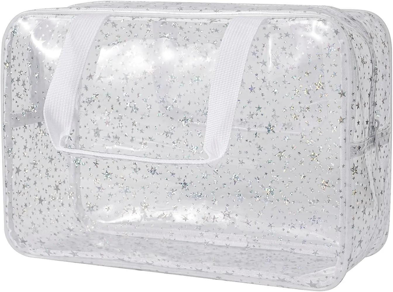 Clear PVC Star Large Cosmetic Bag, Transparent Large Zippered Opening Makeup Bag, Portable Waterproof Travel Bag with Handle, Gym, Swimming and Beach Bag (03White)