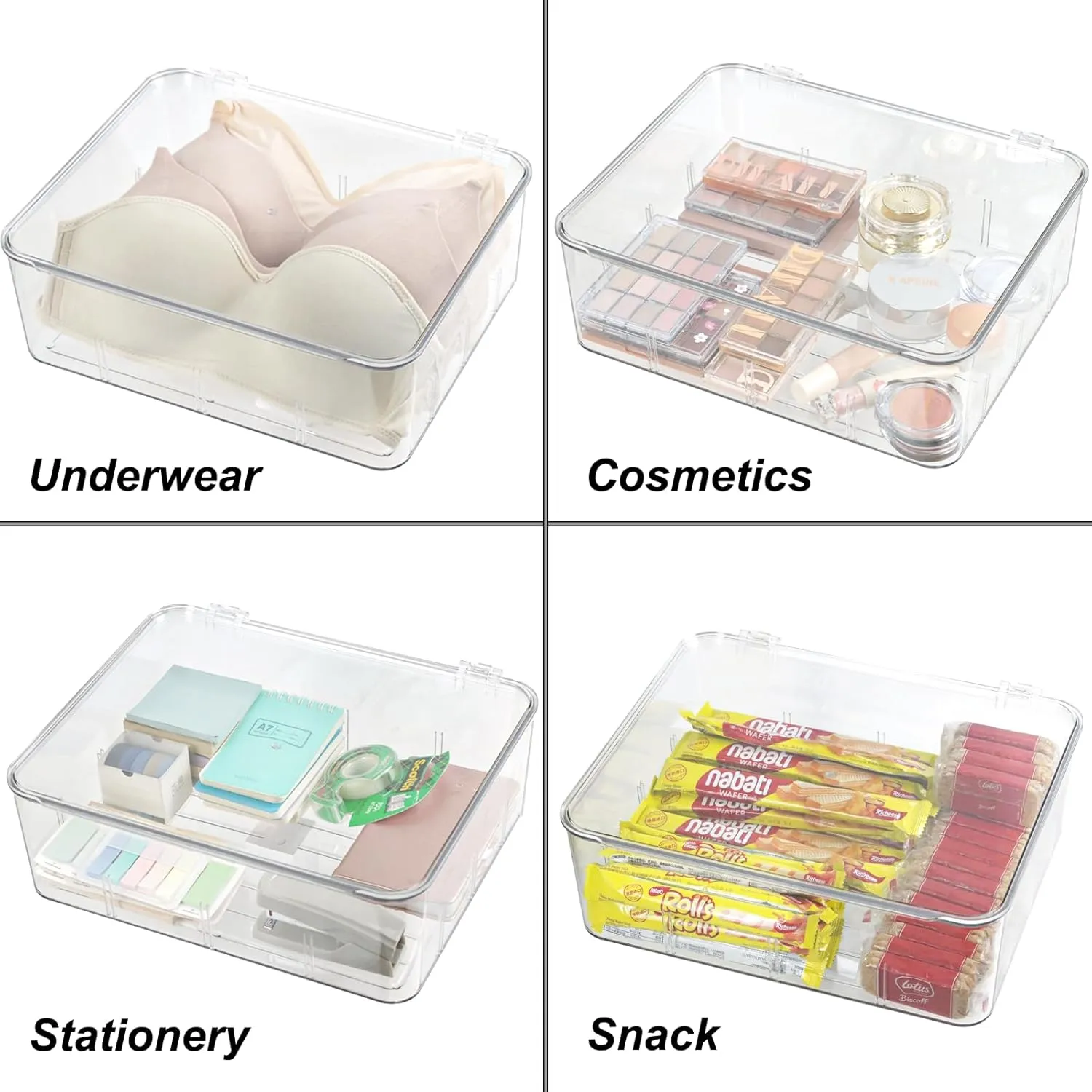 Clear Storage Container Drawer Organzier Dividers,Removable Divided Plastic Storage Bin with Lid, Storage Organizer for Scarves Ties Bras,Clear Dresser Organizers (Large-No Grids)