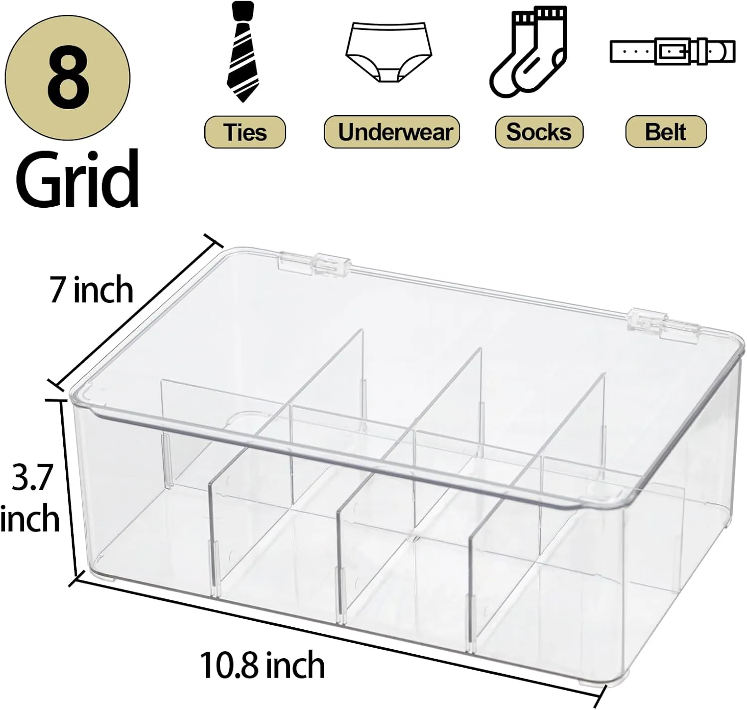 Clear Tea Bag Organizer, Dresser Organizers Drawer Organzier Storage Container with Removable Dividers, Plastic Storage Bin with Lid, Organizer for Scarves Ties Bras