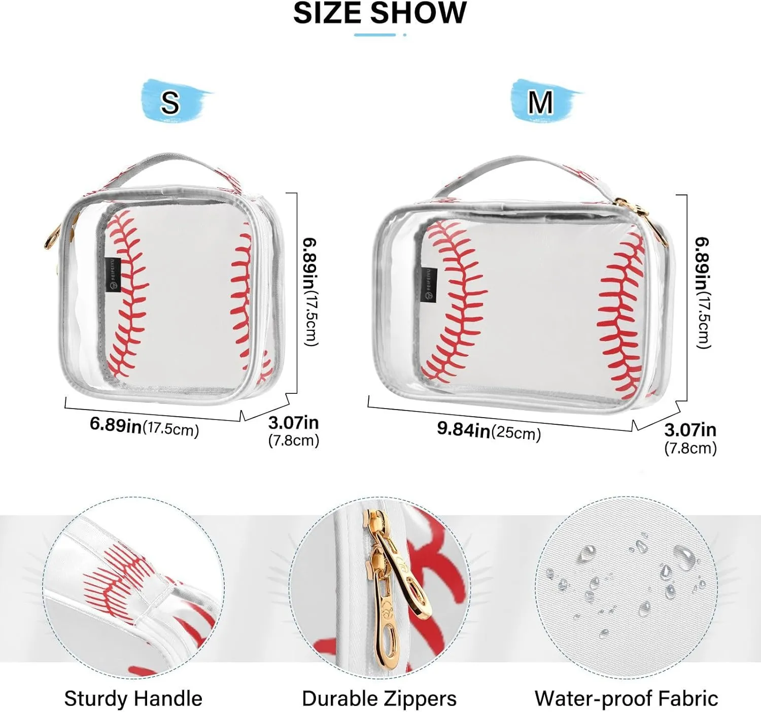 Clear Toiletry Bag with Handles Softball Laces PVC Waterproof Clear Makeup Bag for Women Men Traveling 2 Pack Red Baseball Carry on Clear Travel Pouch Cosmetic Bags