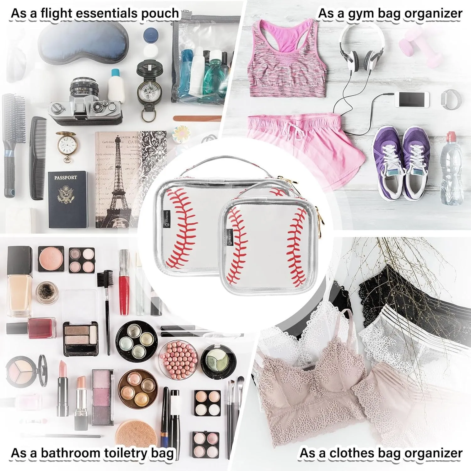 Clear Toiletry Bag with Handles Softball Laces PVC Waterproof Clear Makeup Bag for Women Men Traveling 2 Pack Red Baseball Carry on Clear Travel Pouch Cosmetic Bags