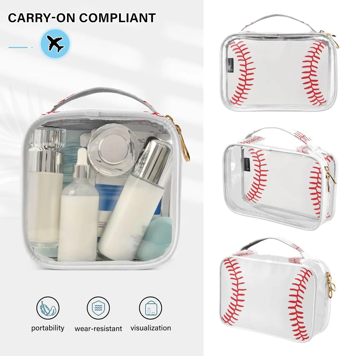 Clear Toiletry Bag with Handles Softball Laces PVC Waterproof Clear Makeup Bag for Women Men Traveling 2 Pack Red Baseball Carry on Clear Travel Pouch Cosmetic Bags