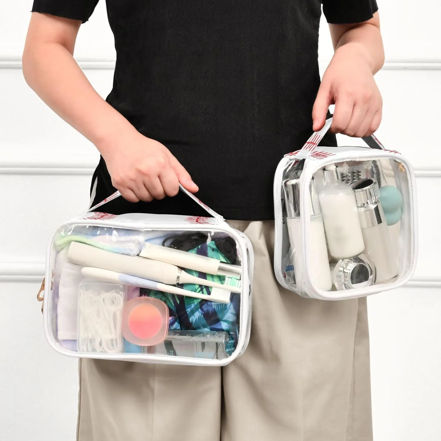 Clear Toiletry Bag with Handles Softball Laces PVC Waterproof Clear Makeup Bag for Women Men Traveling 2 Pack Red Baseball Carry on Clear Travel Pouch Cosmetic Bags