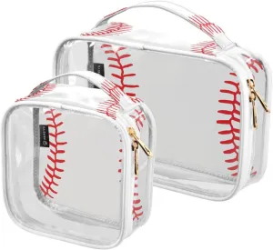 Clear Toiletry Bag with Handles Softball Laces PVC Waterproof Clear Makeup Bag for Women Men Traveling 2 Pack Red Baseball Carry on Clear Travel Pouch Cosmetic Bags