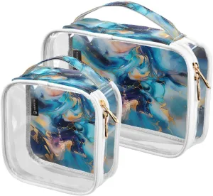 Clear Travel Case 2 Pack Makeup Bags Marble Blue Transparent Cosmetic Toiletry Portable Bag Set Men Women Storage Bag Pouch for Bathroom Travel