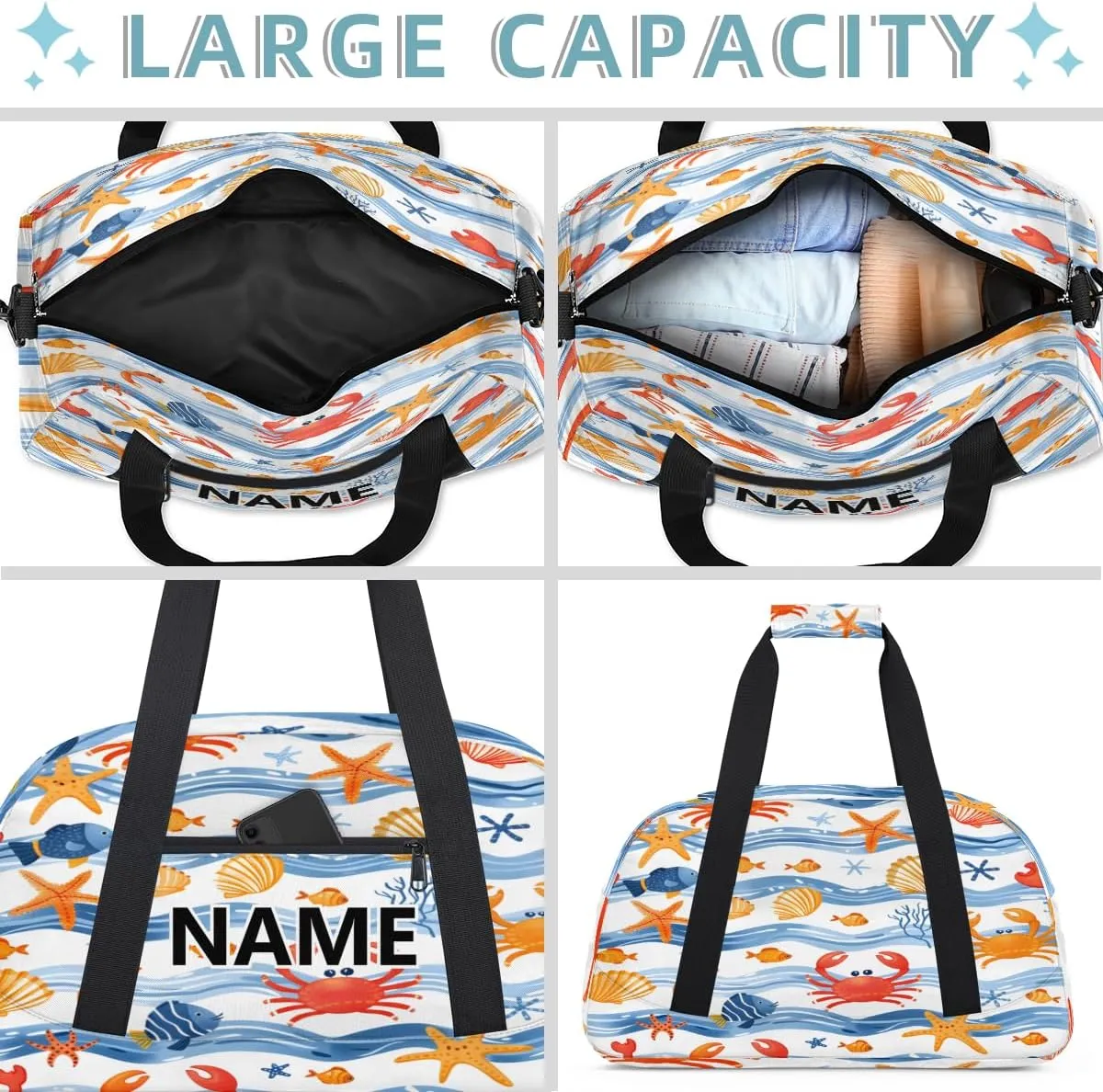 Coastal Starfish Crab Mini Gym Bag 18 inch for Women Men Waterproof Custom Summer Beach Travel Duffel Bag Carry On Overnight Tote Nurse Bag for Work Fitness Hiking