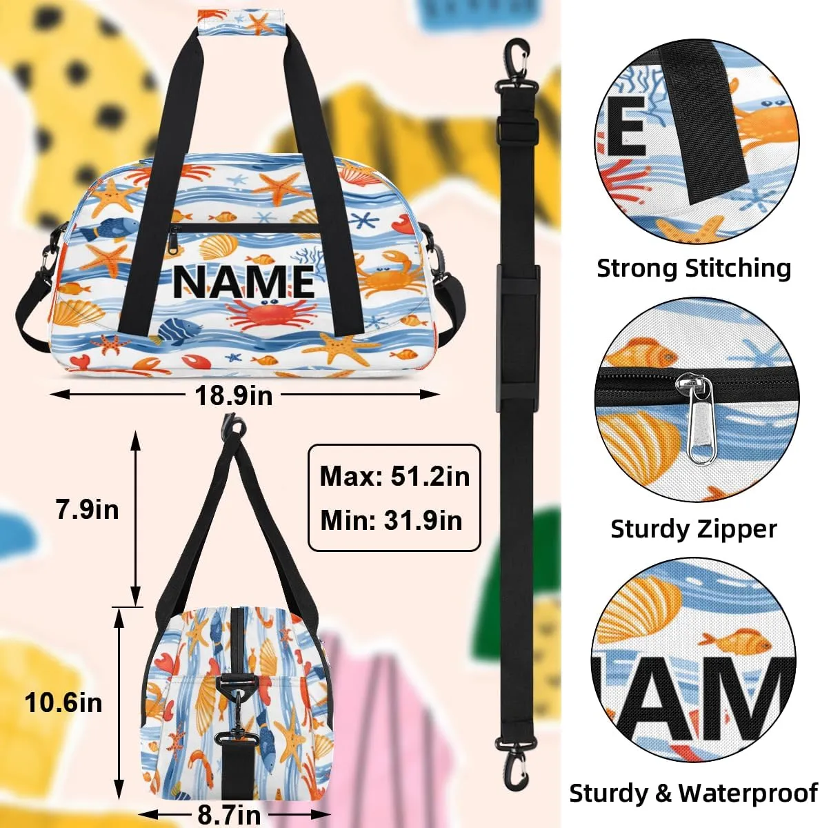 Coastal Starfish Crab Mini Gym Bag 18 inch for Women Men Waterproof Custom Summer Beach Travel Duffel Bag Carry On Overnight Tote Nurse Bag for Work Fitness Hiking