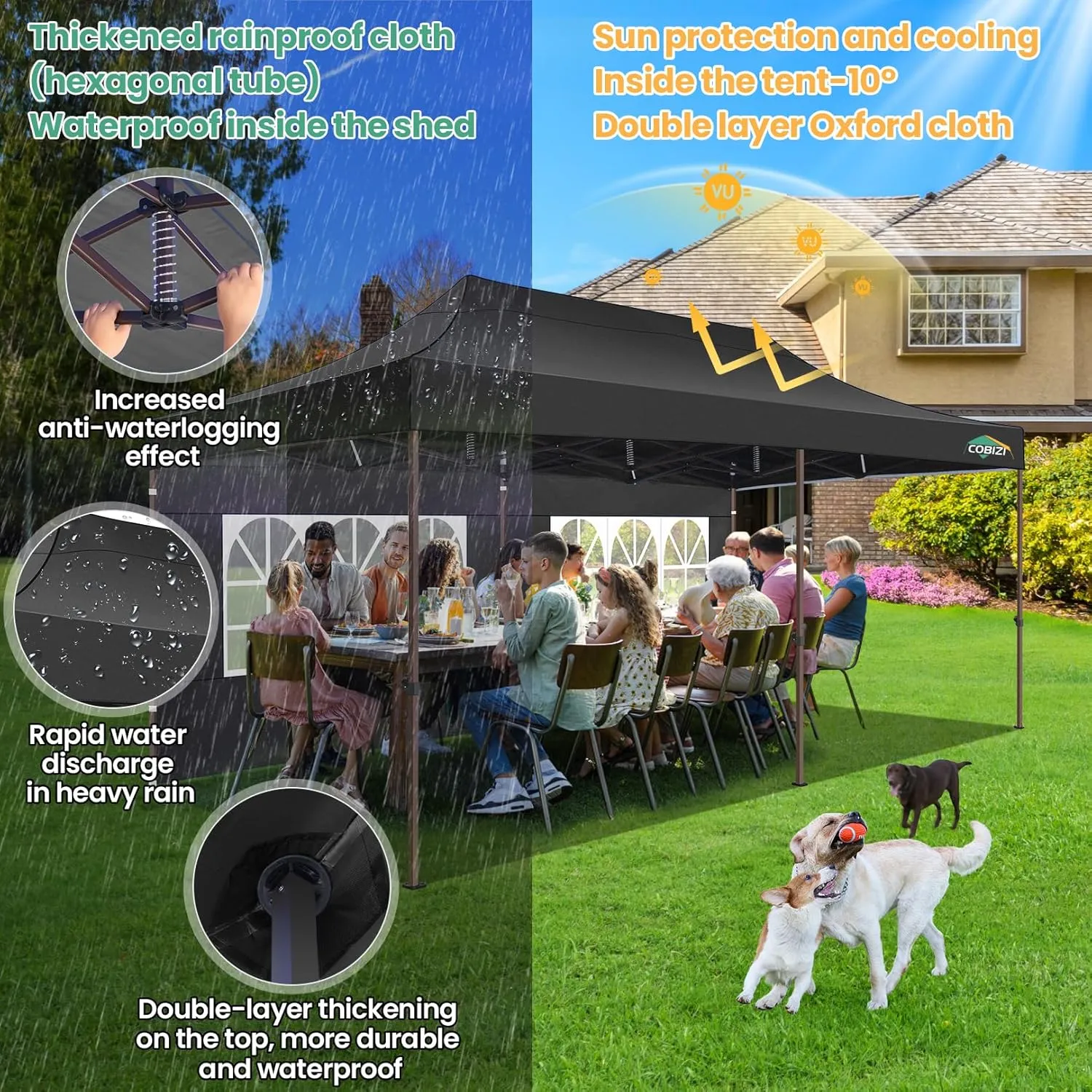 COBIZI 10x20 Pop Up Heavy Duty Canopy with 6 Sidewalls and Hexagonal Legs, Easy up Tent for Party, Commercial and Wedding, Outdoor Canopy with Roller Bag, Sand Bags, Waterproof & UPF50  (Black)