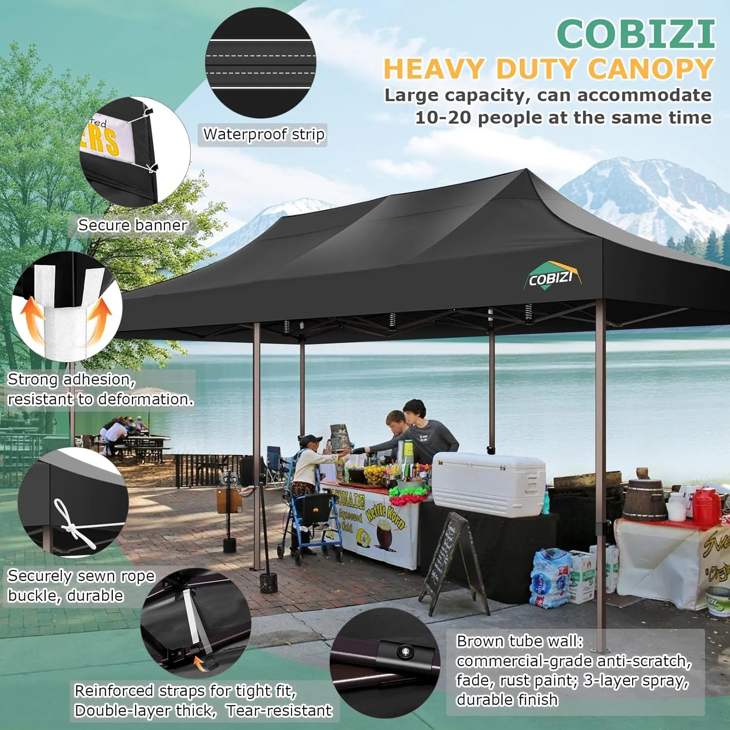 COBIZI 10x20 Pop Up Heavy Duty Canopy with 6 Sidewalls and Hexagonal Legs, Easy up Tent for Party, Commercial and Wedding, Outdoor Canopy with Roller Bag, Sand Bags, Waterproof & UPF50  (Black)