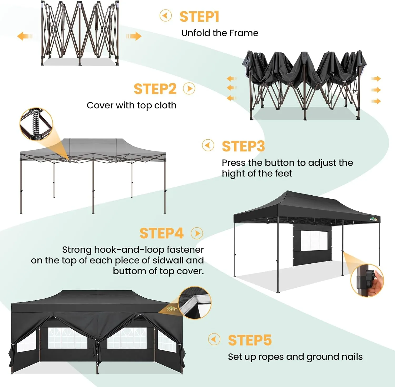 COBIZI 10x20 Pop Up Heavy Duty Canopy with 6 Sidewalls and Hexagonal Legs, Easy up Tent for Party, Commercial and Wedding, Outdoor Canopy with Roller Bag, Sand Bags, Waterproof & UPF50  (Black)