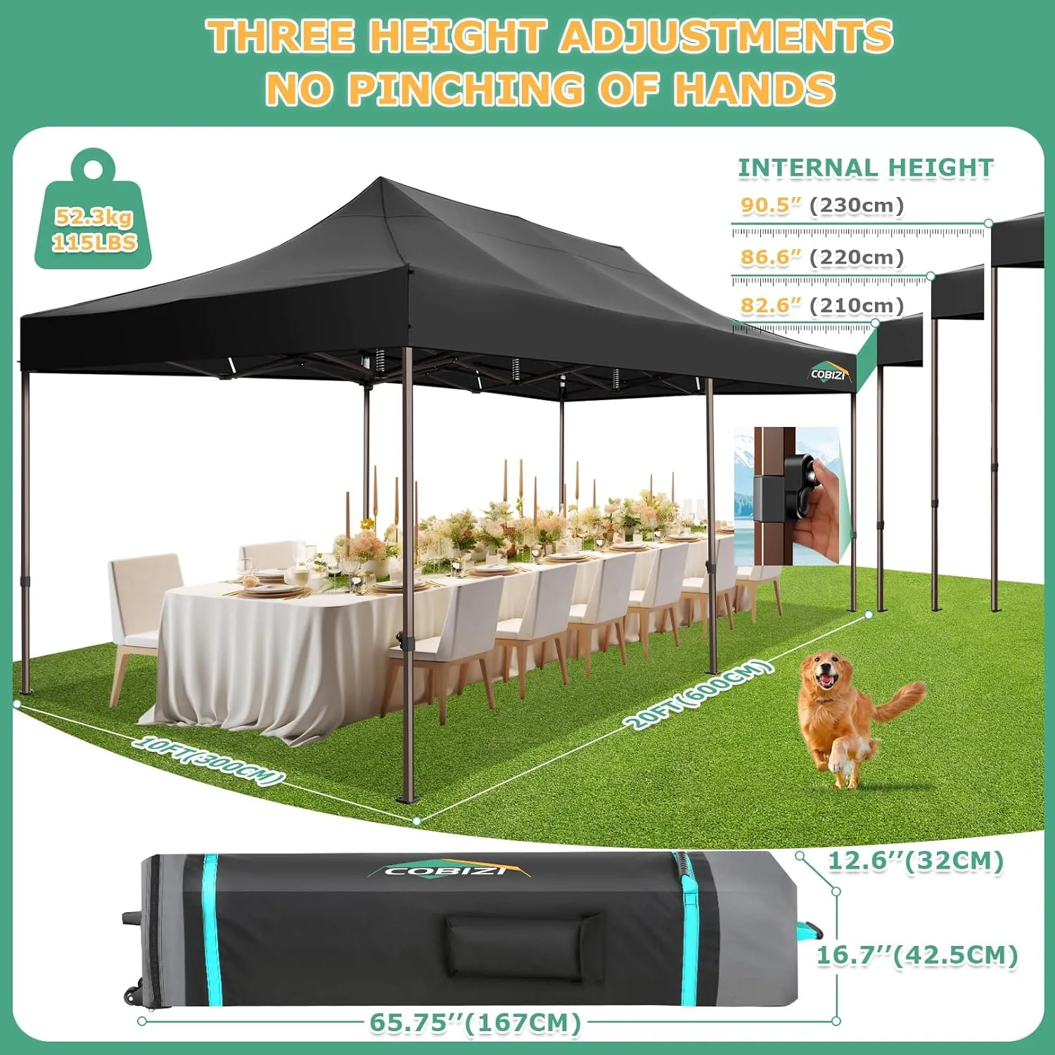 COBIZI 10x20 Pop Up Heavy Duty Canopy with 6 Sidewalls and Hexagonal Legs, Easy up Tent for Party, Commercial and Wedding, Outdoor Canopy with Roller Bag, Sand Bags, Waterproof & UPF50  (Black)