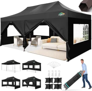 COBIZI 10x20 Pop Up Heavy Duty Canopy with 6 Sidewalls and Hexagonal Legs, Easy up Tent for Party, Commercial and Wedding, Outdoor Canopy with Roller Bag, Sand Bags, Waterproof & UPF50  (Black)