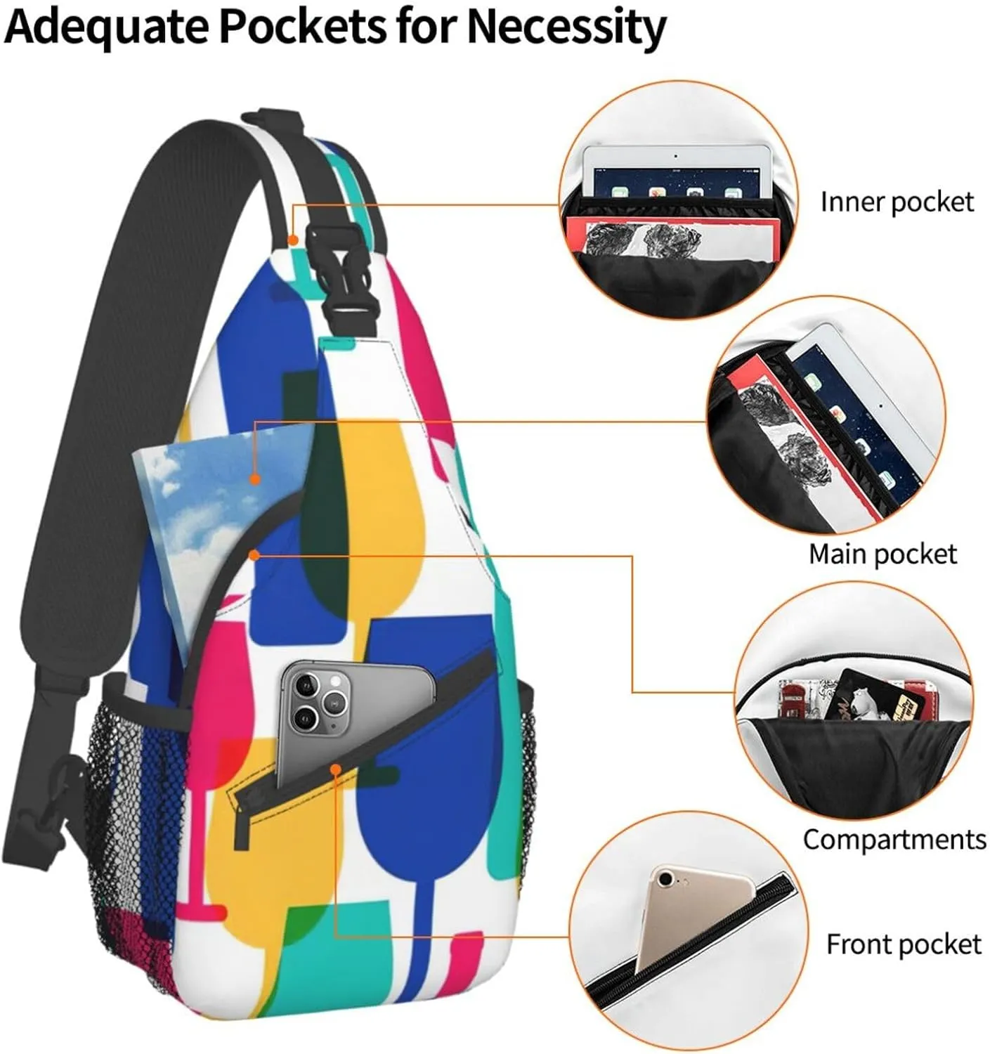 Cocktail Glasses And Wine Bottles Shoulder Bag Crossbody Backpack Chest Bag Lightweight Sling Daypackstravel Hiking Cycling For Men Women