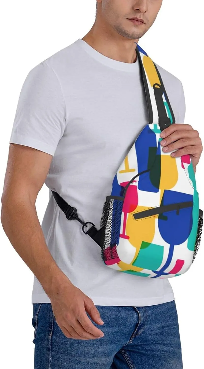 Cocktail Glasses And Wine Bottles Shoulder Bag Crossbody Backpack Chest Bag Lightweight Sling Daypackstravel Hiking Cycling For Men Women