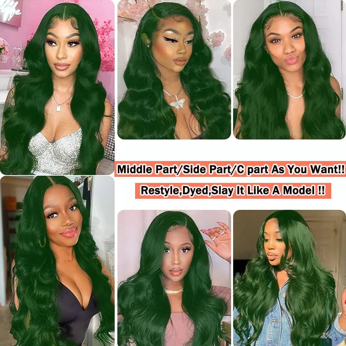 Colorful Bird Dark Green Lace Front Wigs Human Hair Body Wave 13x4 HD Transparent Lace Frontal Wigs for Women Brazilian Body Wave Human Hair Wigs Pre Plucked Hairline 150% Density Mint Green 22inch