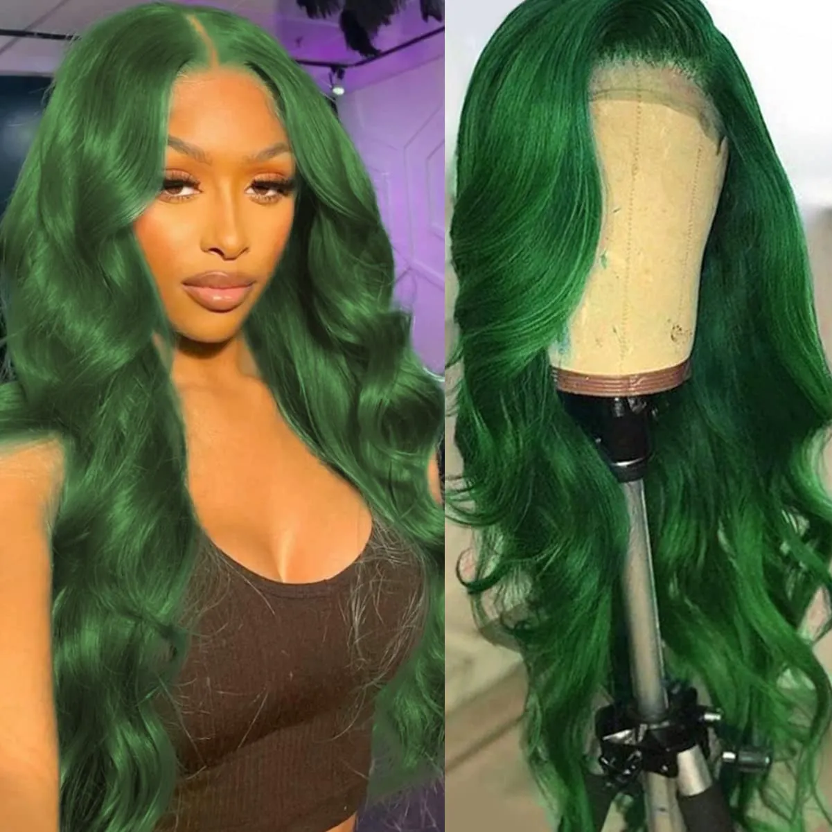 Colorful Bird Dark Green Lace Front Wigs Human Hair Body Wave 13x4 HD Transparent Lace Frontal Wigs for Women Brazilian Body Wave Human Hair Wigs Pre Plucked Hairline 150% Density Mint Green 22inch
