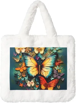 Colorful Butterfly Embroidery Paintings Plush Shoulder Bag Faux Fur Handbag Cute Fuzzy Tote Bag Women Ladies Underarm Bag For Autumn And Winter