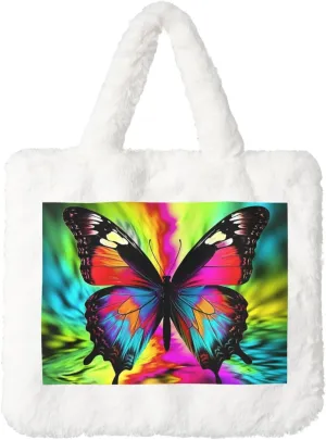 Colorful Butterfly Plush Shoulder Bag Faux Fur Handbag Cute Fuzzy Tote Bag Women Ladies Underarm Bag For Autumn And Winter