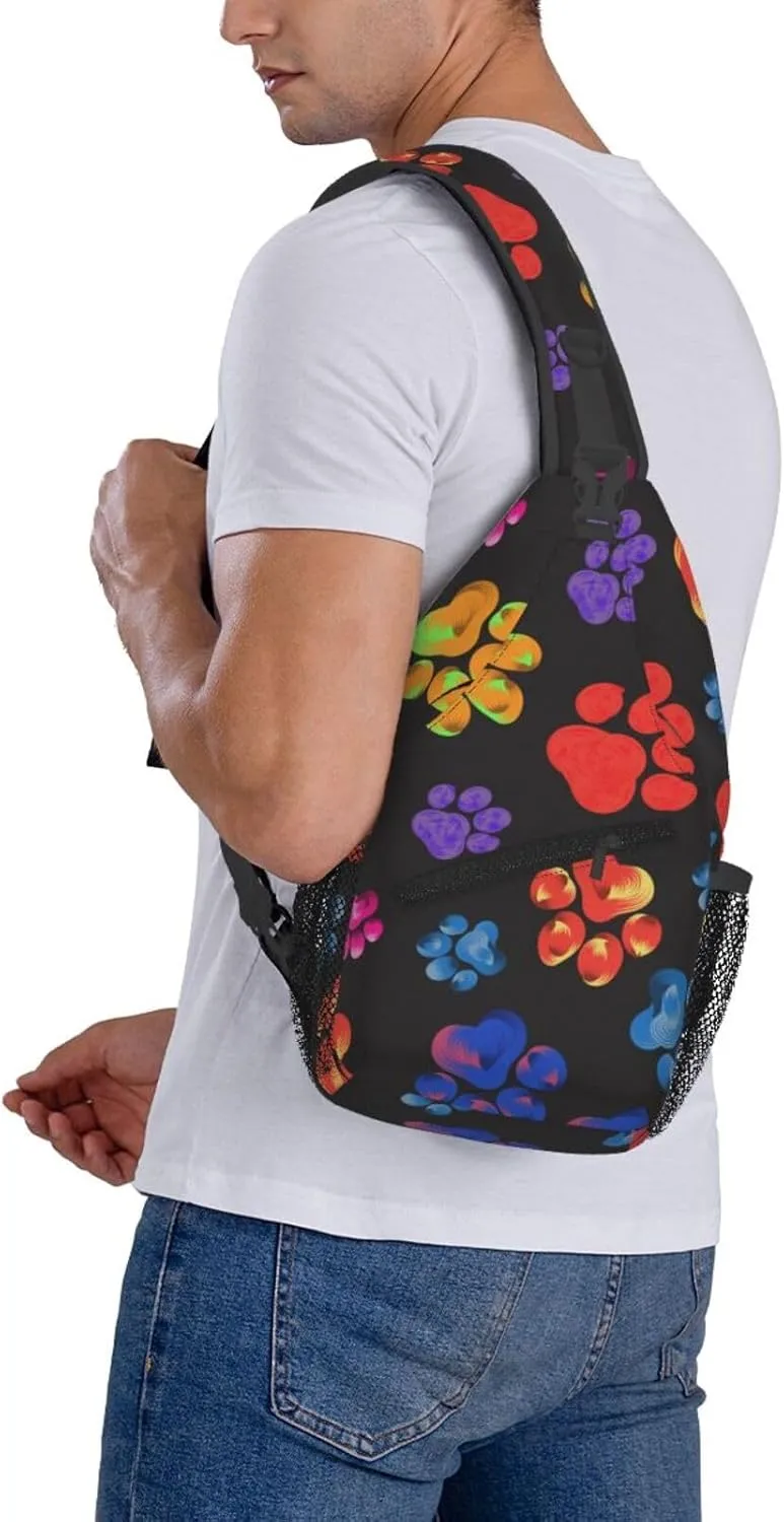 Colorful Paw Sling Backpack Shoulder Chest Bag For Men Women Hiking Travel Crossbody Daypack