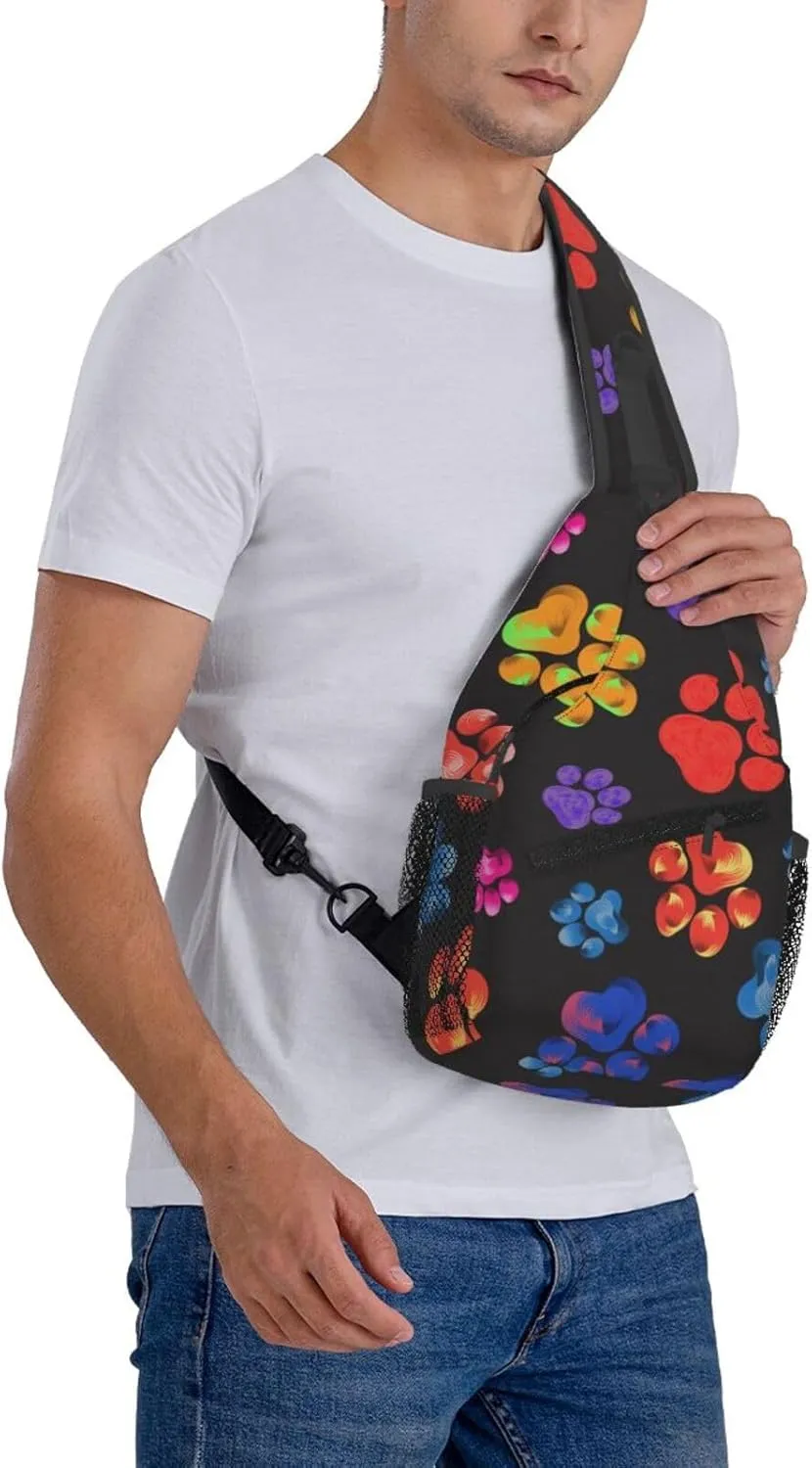Colorful Paw Sling Backpack Shoulder Chest Bag For Men Women Hiking Travel Crossbody Daypack