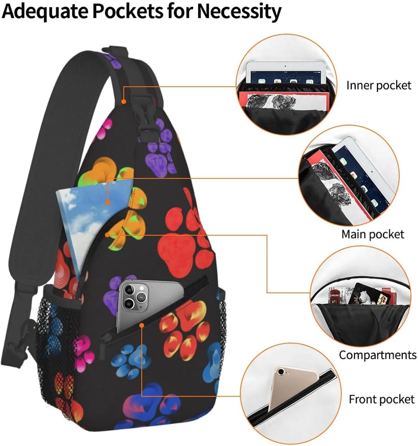 Colorful Paw Sling Backpack Shoulder Chest Bag For Men Women Hiking Travel Crossbody Daypack