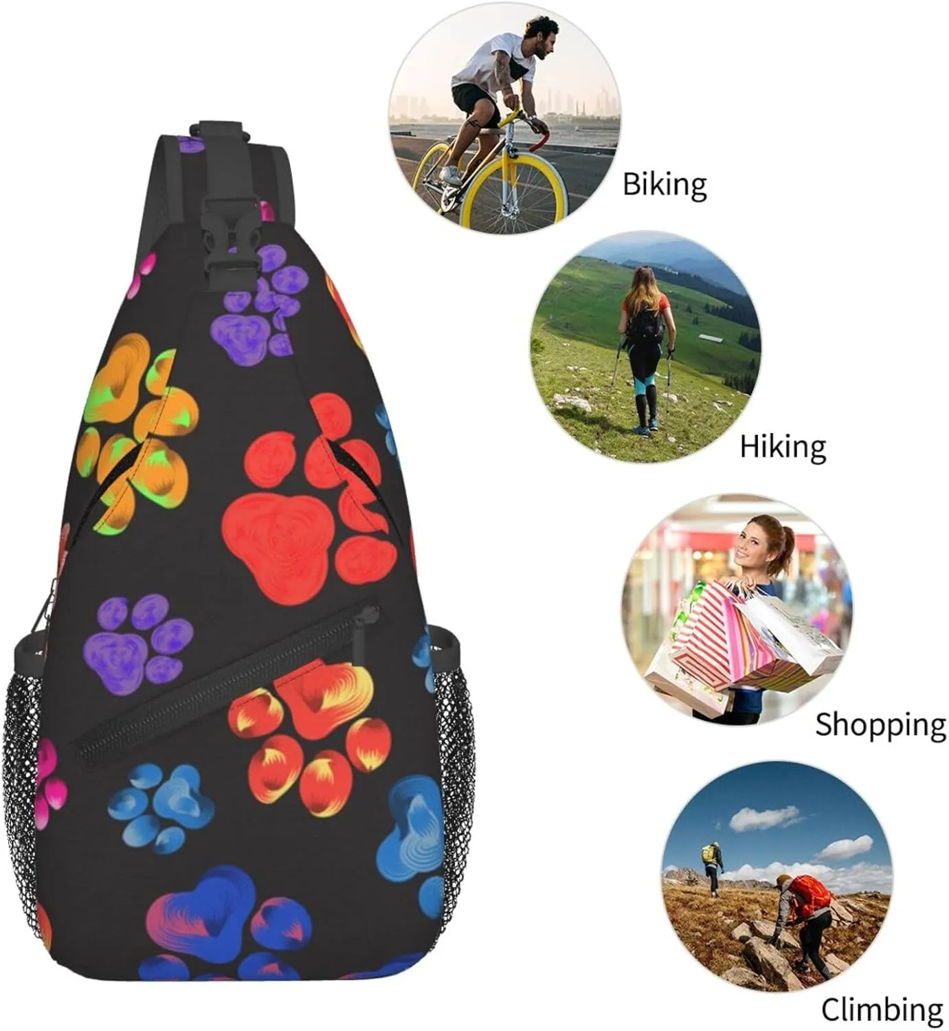 Colorful Paw Sling Backpack Shoulder Chest Bag For Men Women Hiking Travel Crossbody Daypack