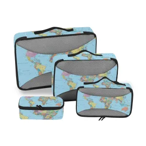 Colorful World Map with Turquoise Ocean Background 4 Set Packing Cubes, Travel Packing Organizers, 600D Oxford Cloth Toiletry Storage Bag, Luggage Mesh Bags for Accessories