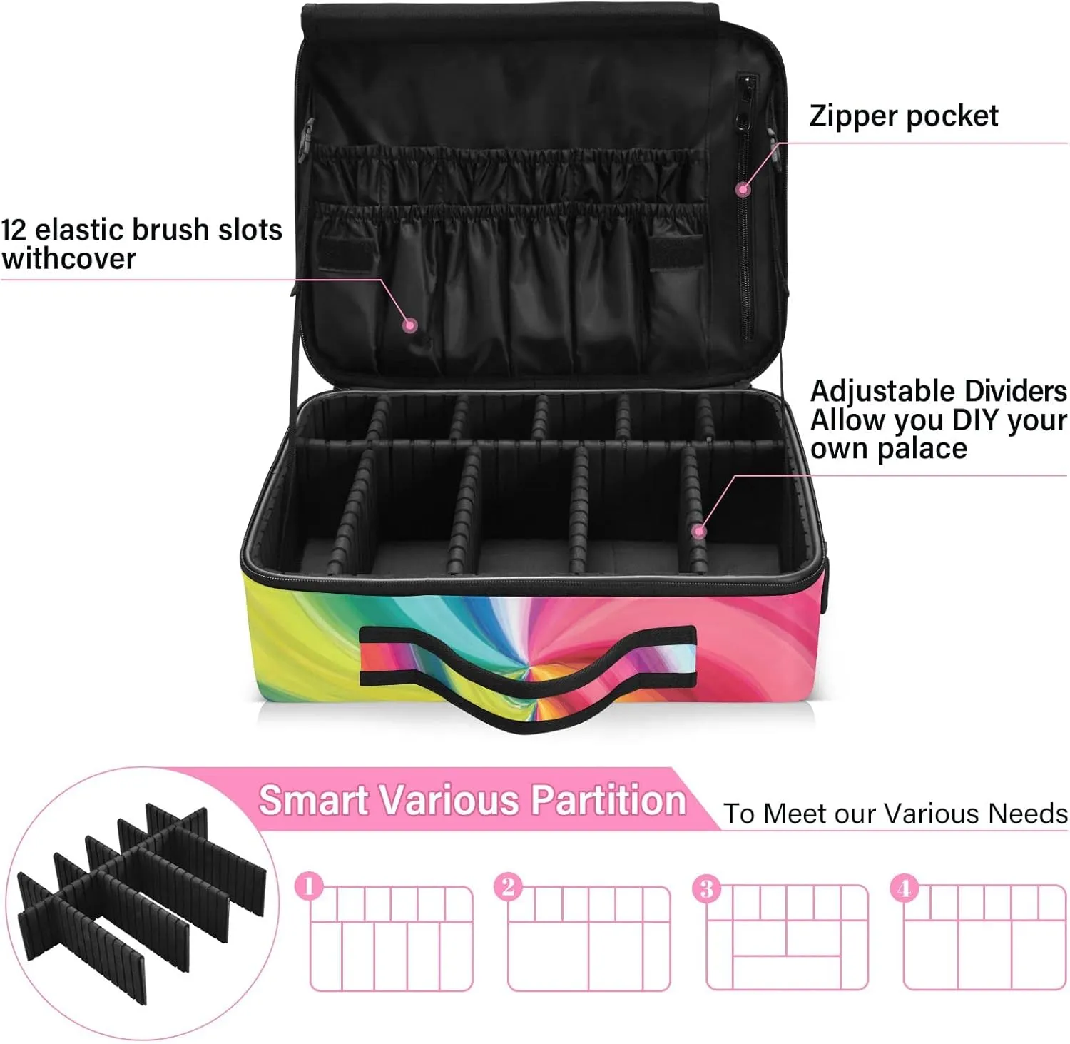 Concentric Rainbow, Spectrum Spirally Lines, Twisting Rotating lines Women's Portable Makeup Bag with Handle, Cosmetic Bag, Adjustable Dividers, Travel Cosmetic Toiletry Storage Organizer for women