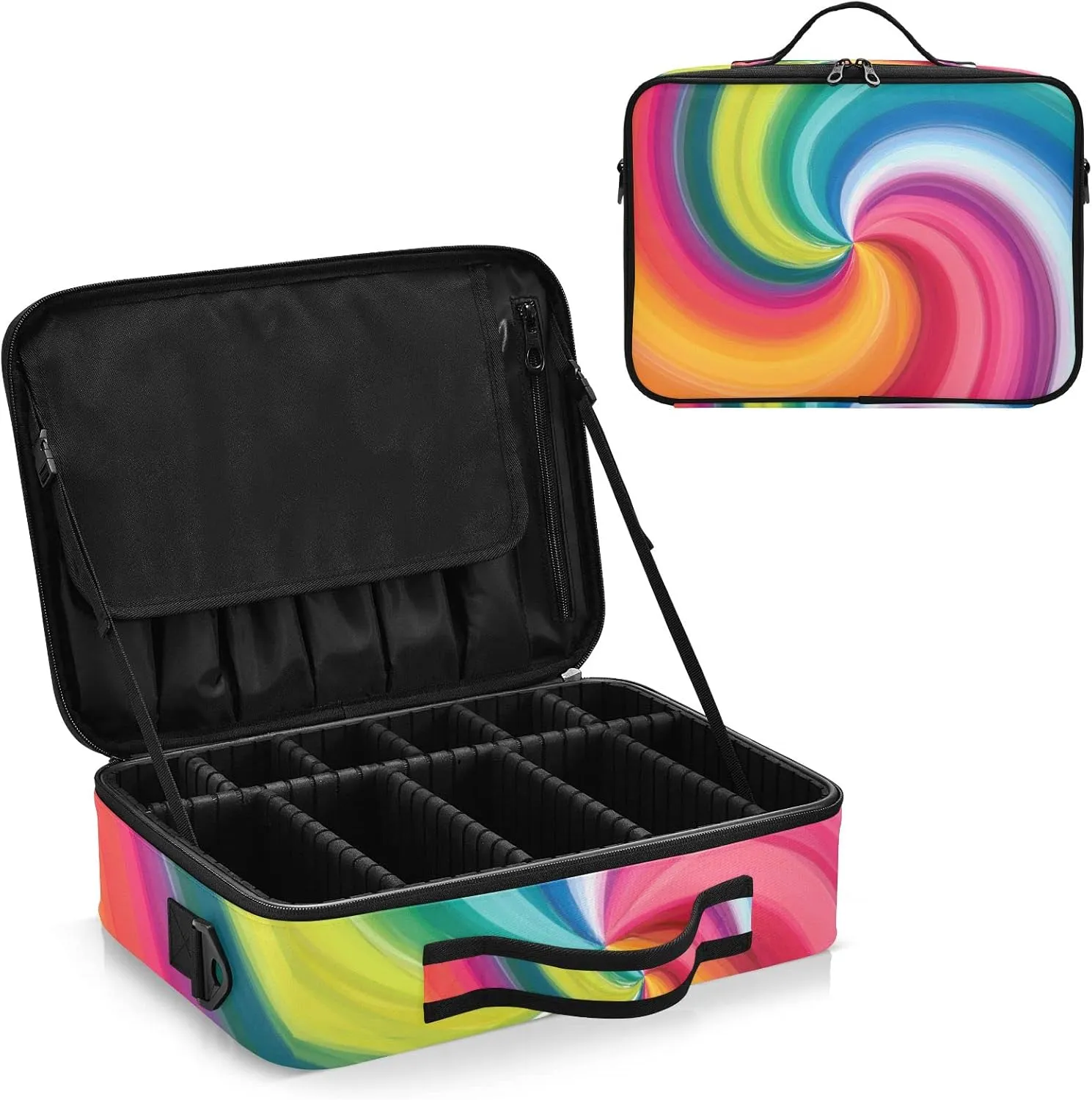 Concentric Rainbow, Spectrum Spirally Lines, Twisting Rotating lines Women's Portable Makeup Bag with Handle, Cosmetic Bag, Adjustable Dividers, Travel Cosmetic Toiletry Storage Organizer for women