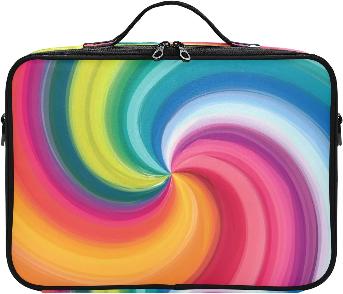 Concentric Rainbow, Spectrum Spirally Lines, Twisting Rotating lines Women's Portable Makeup Bag with Handle, Cosmetic Bag, Adjustable Dividers, Travel Cosmetic Toiletry Storage Organizer for women