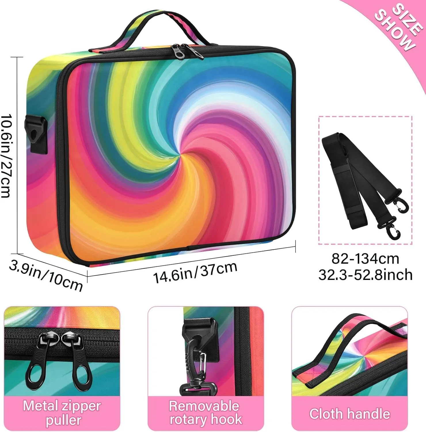 Concentric Rainbow, Spectrum Spirally Lines, Twisting Rotating lines Women's Portable Makeup Bag with Handle, Cosmetic Bag, Adjustable Dividers, Travel Cosmetic Toiletry Storage Organizer for women