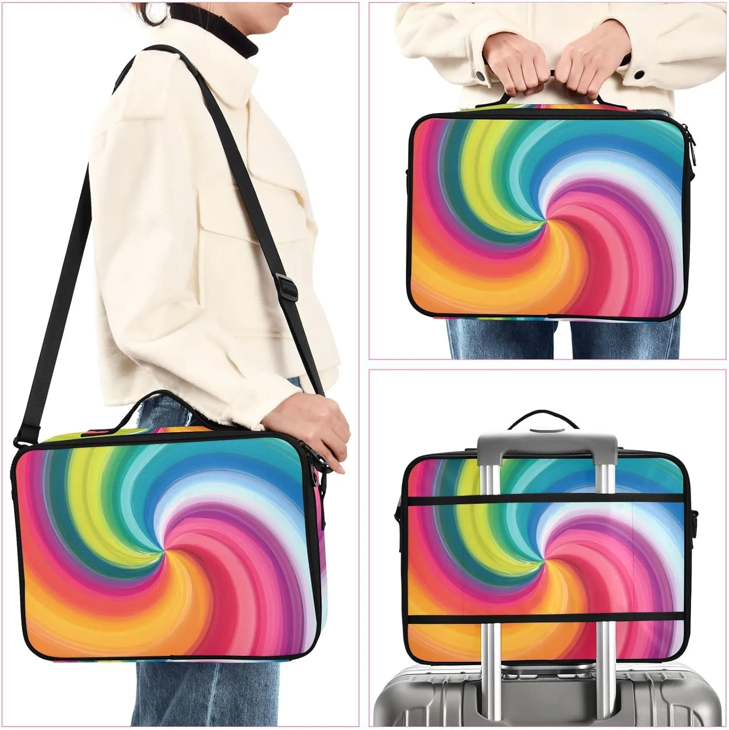 Concentric Rainbow, Spectrum Spirally Lines, Twisting Rotating lines Women's Portable Makeup Bag with Handle, Cosmetic Bag, Adjustable Dividers, Travel Cosmetic Toiletry Storage Organizer for women