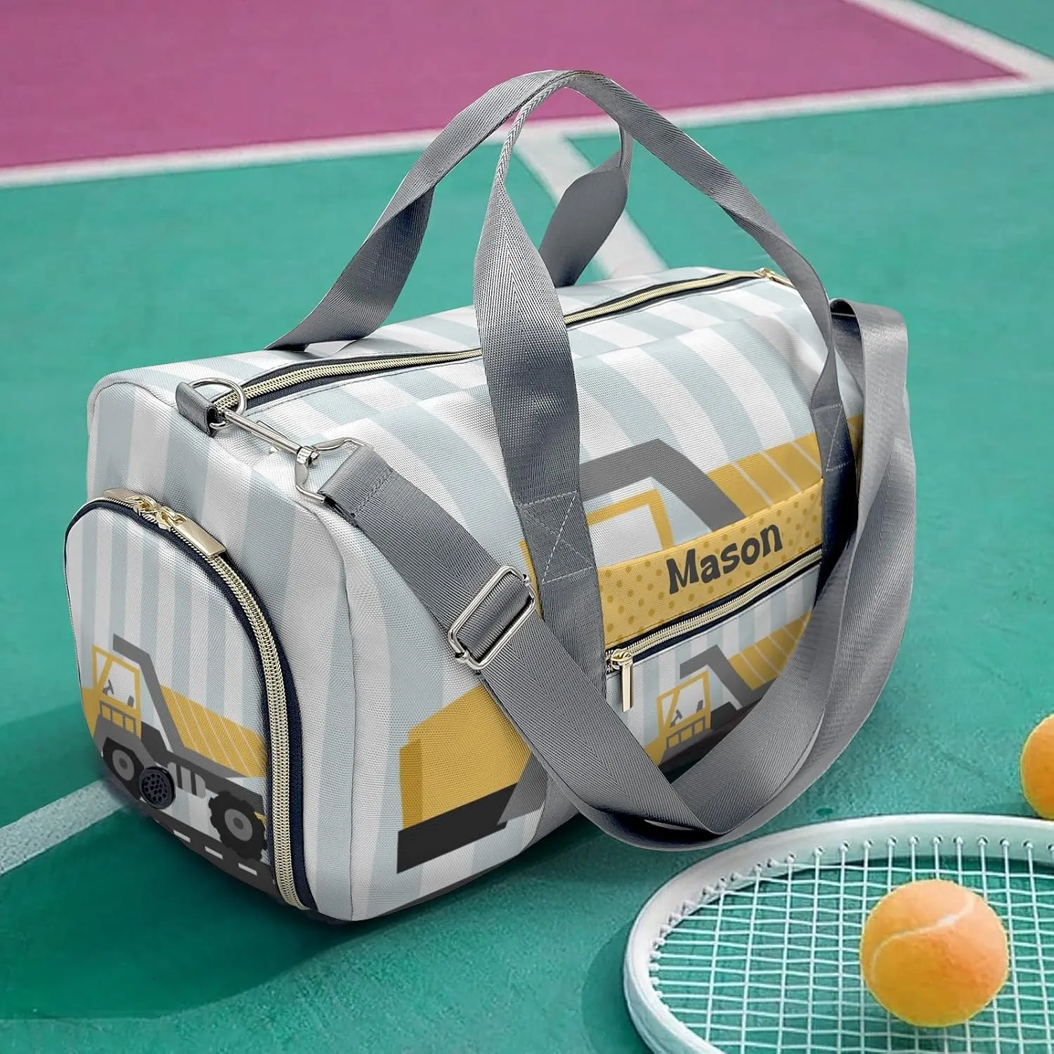 Construction Machinery Dots 3 Personalized Duffel Bag,Custom Travel Gym Bag with Name,Waterproof Sports Overnight Bag with Shoe Compartment & Shoulder Strap