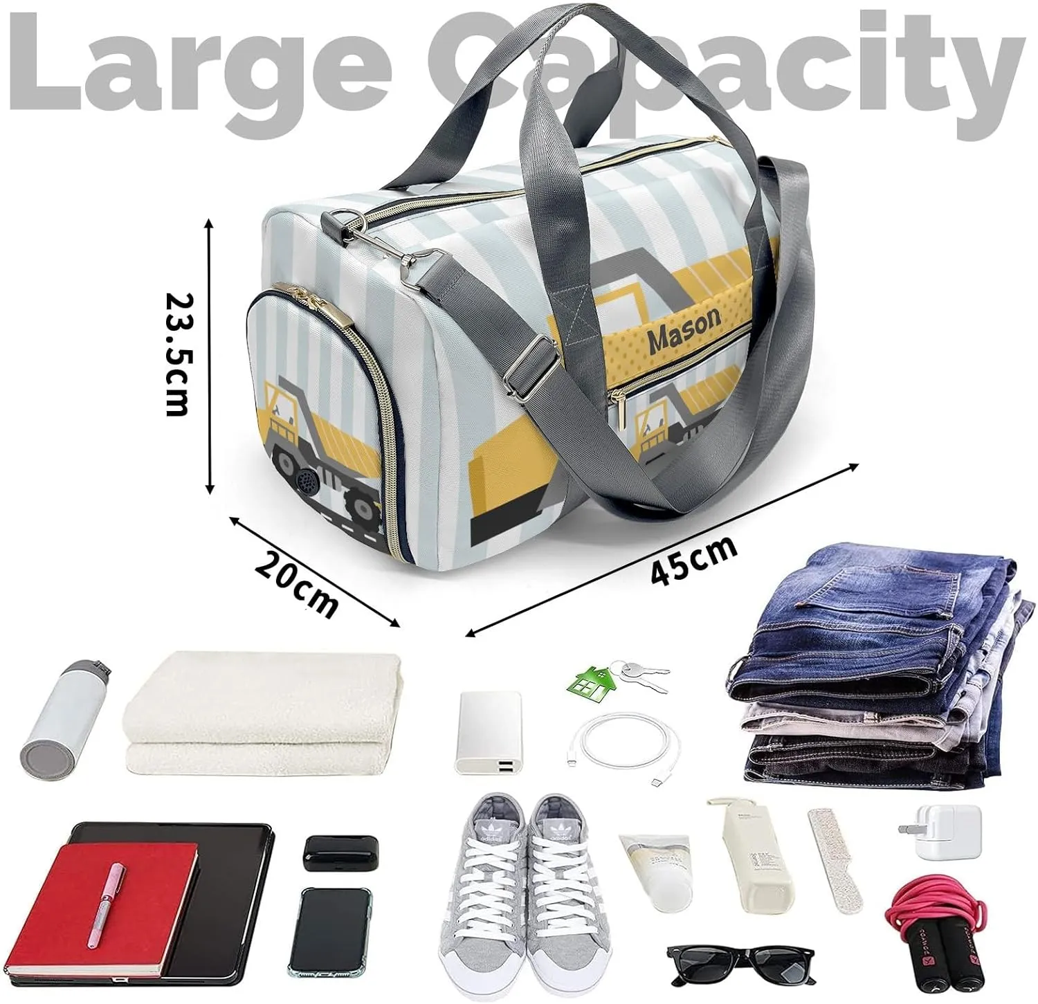 Construction Machinery Dots 3 Personalized Duffel Bag,Custom Travel Gym Bag with Name,Waterproof Sports Overnight Bag with Shoe Compartment & Shoulder Strap
