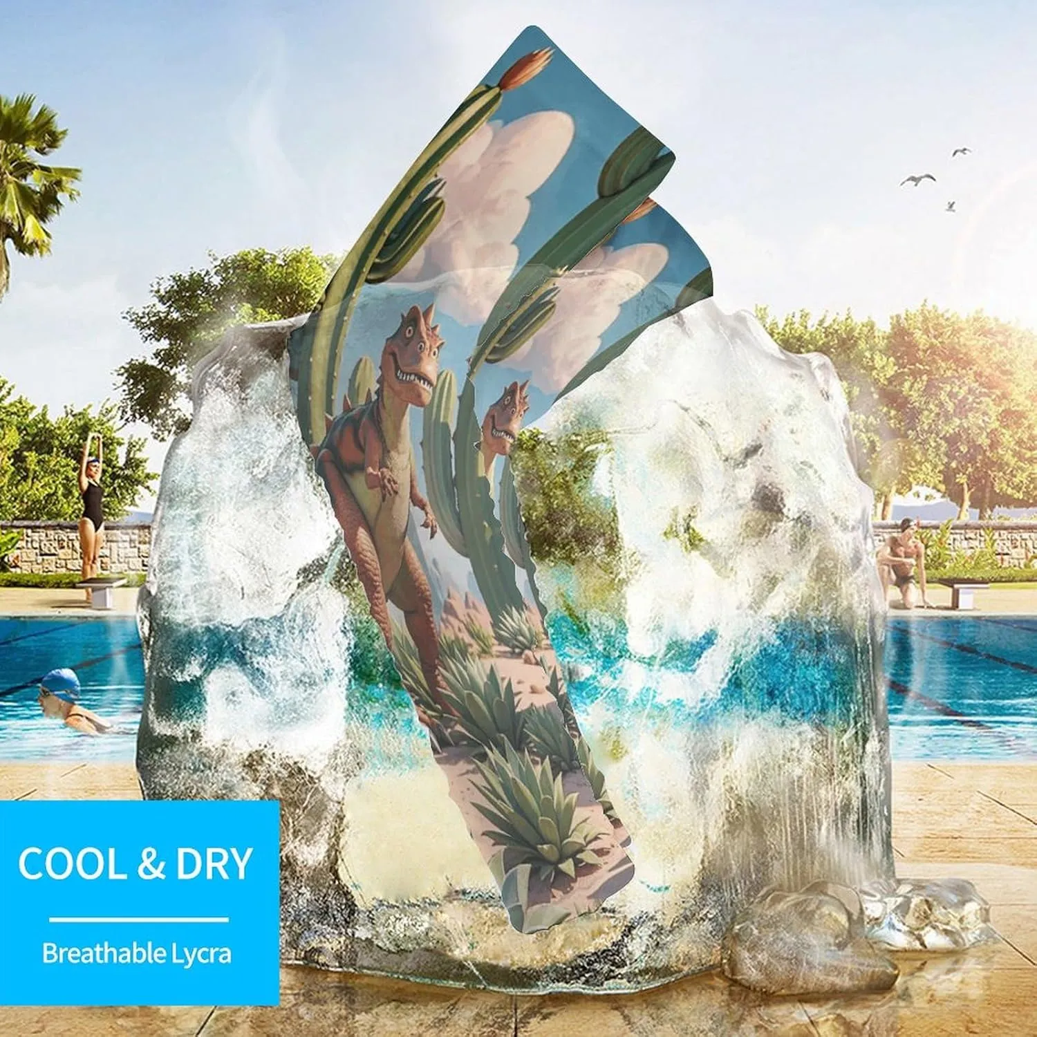 Cooling Compression Arm Sleeves, Cactus Jungle Dinosaur Print Sports Arm Cover for Cycling, Running