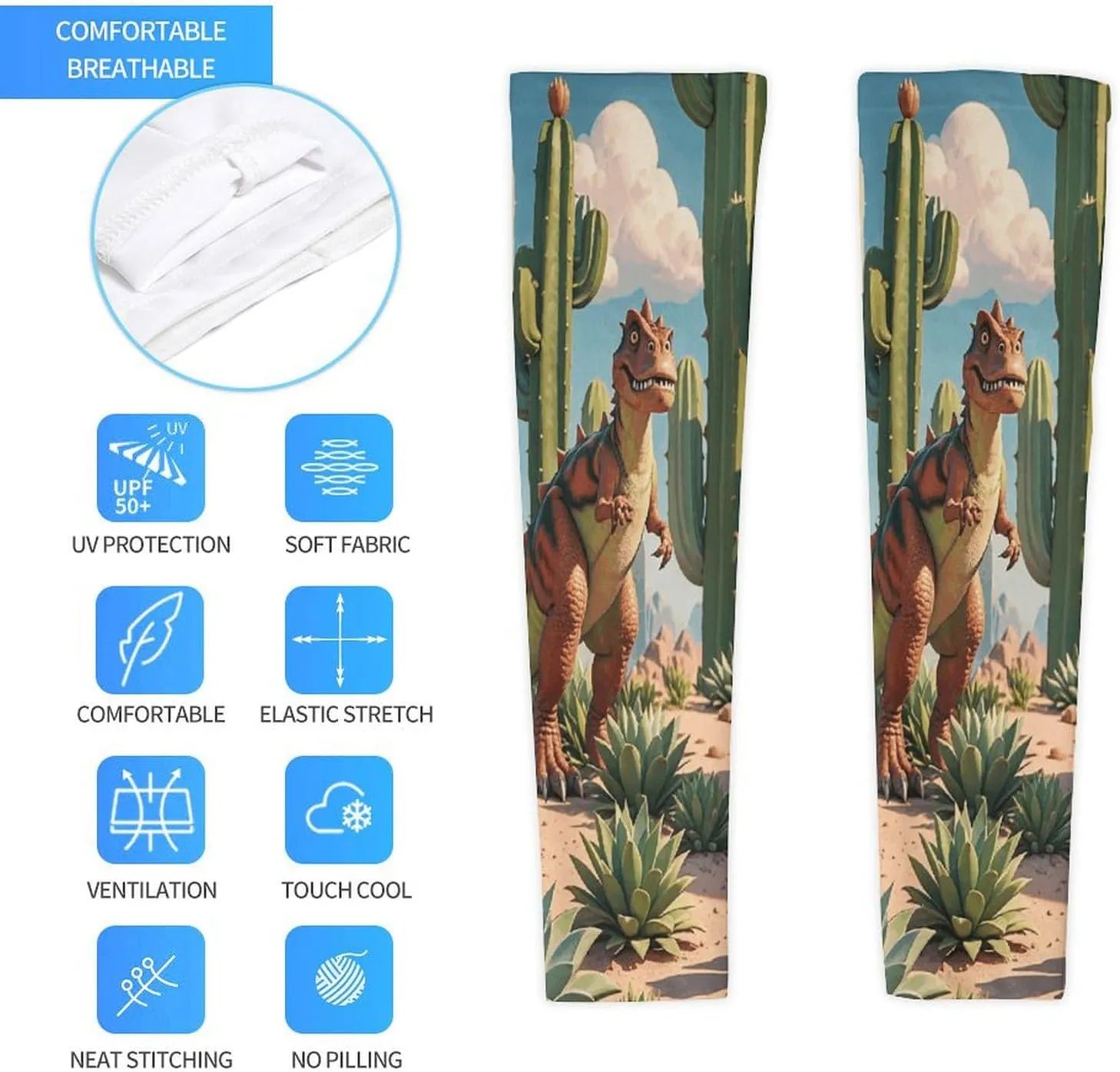 Cooling Compression Arm Sleeves, Cactus Jungle Dinosaur Print Sports Arm Cover for Cycling, Running