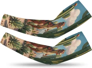 Cooling Compression Arm Sleeves, Cactus Jungle Dinosaur Print Sports Arm Cover for Cycling, Running