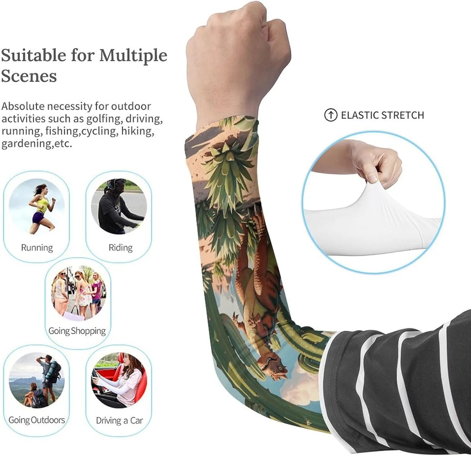 Cooling Compression Arm Sleeves, Cactus Jungle Dinosaur Print Sports Arm Cover for Cycling, Running