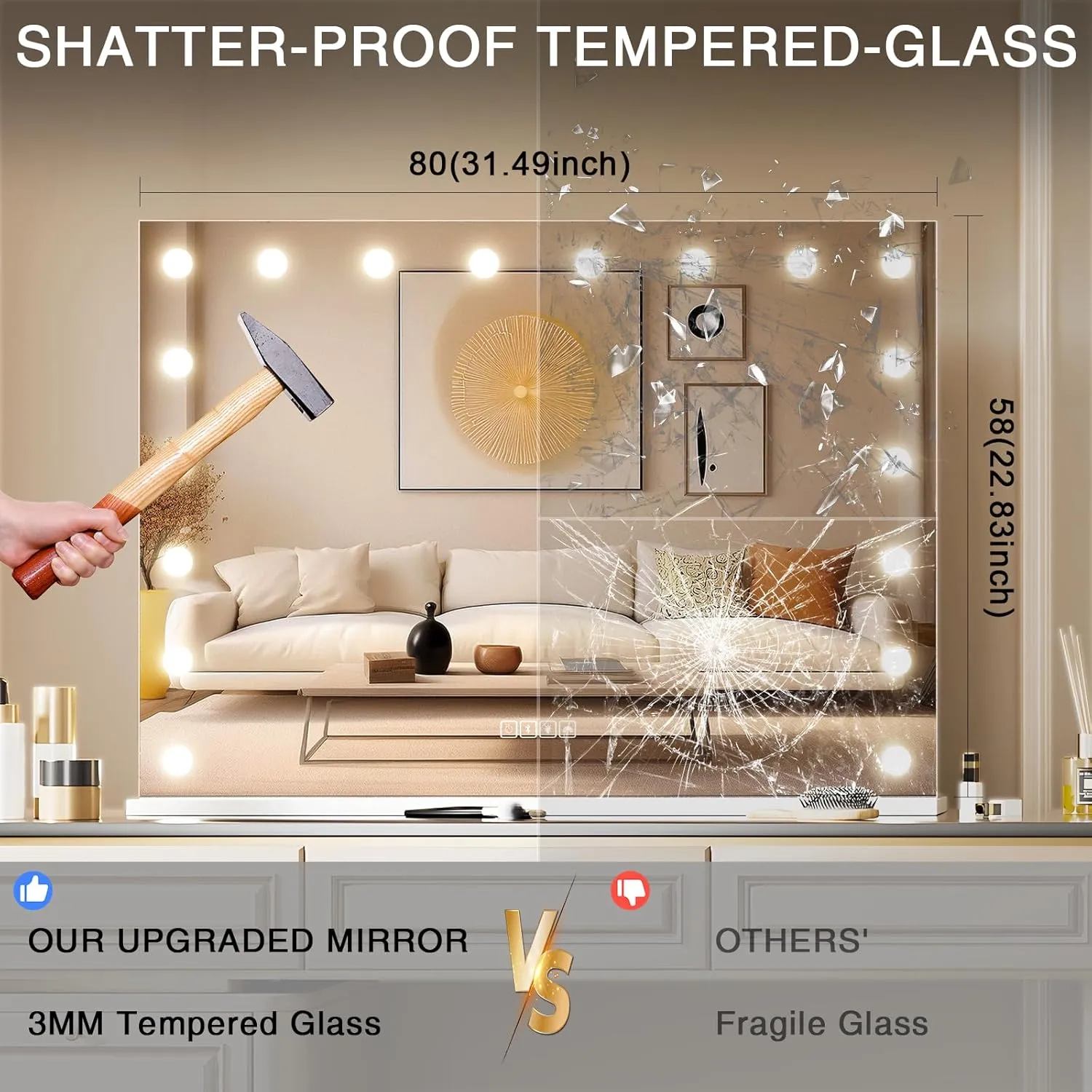COOLJEEN Large Hollywood Vanity Mirror with Lights Bluetooth 18 Dimmable LED Bulbs, 3 Color Modes Lighted Makeup Mirror with USB Charging Port